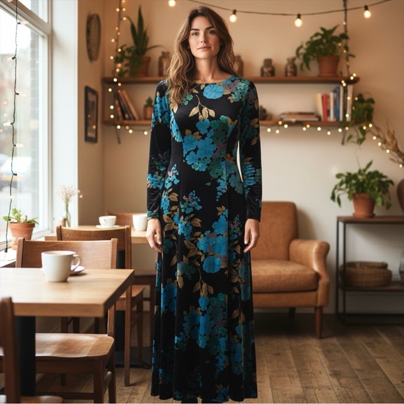 David Warren Dresses & Skirts - David Warren Vintage Velvet Floral Pattern Maxi Dress, Black Blue Gold, Size M